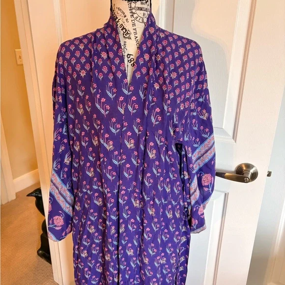 Spell Purple Floral Maxi Kimono with Pink & Light Blue Accents EC - Picture 3 of 8